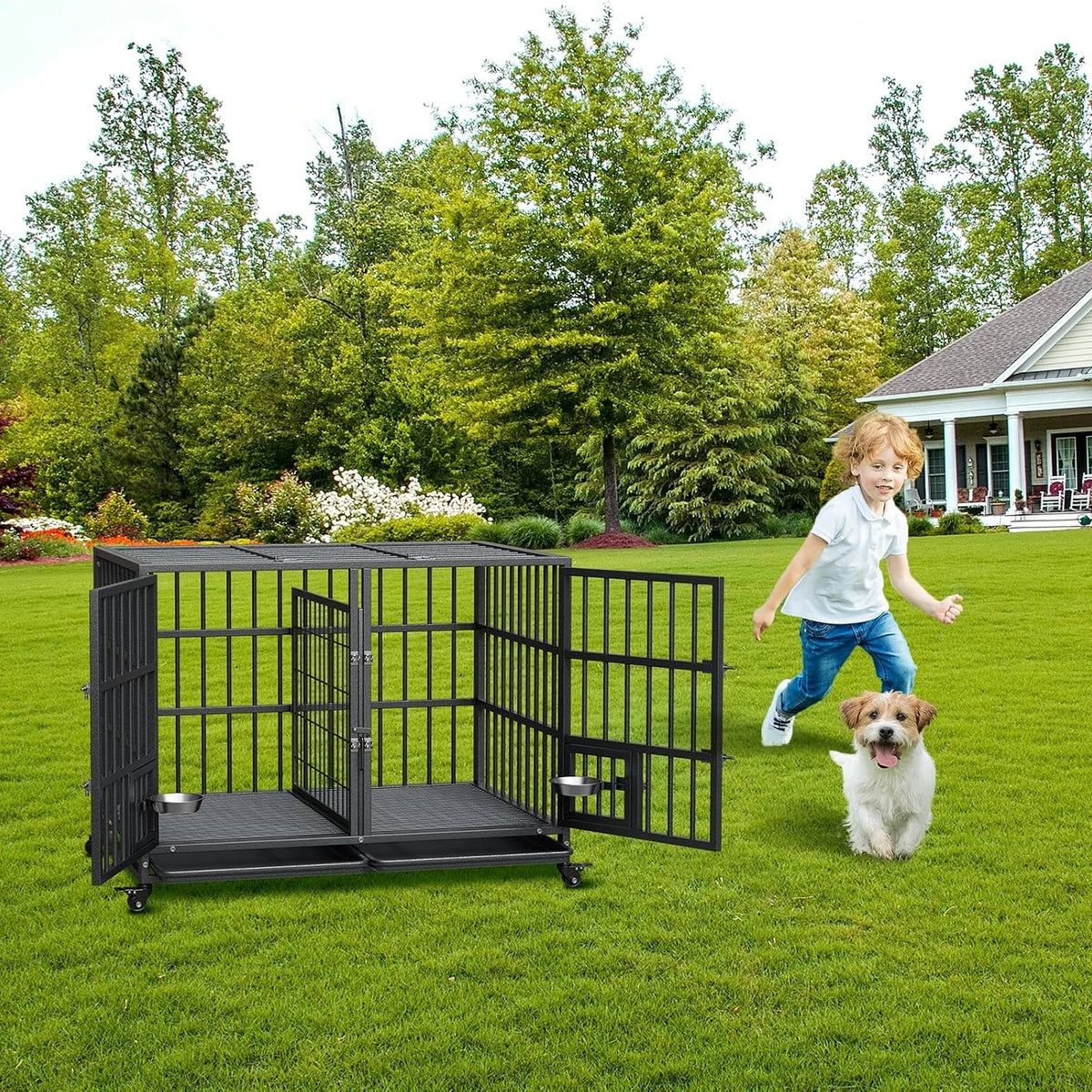 42 Inch Heavy Duty Dog Crate Metal Dog Cage with Double Door Lockable Wheels Removable Divider Trays Feeding Doors for Small Medium Large Dogs Indoor