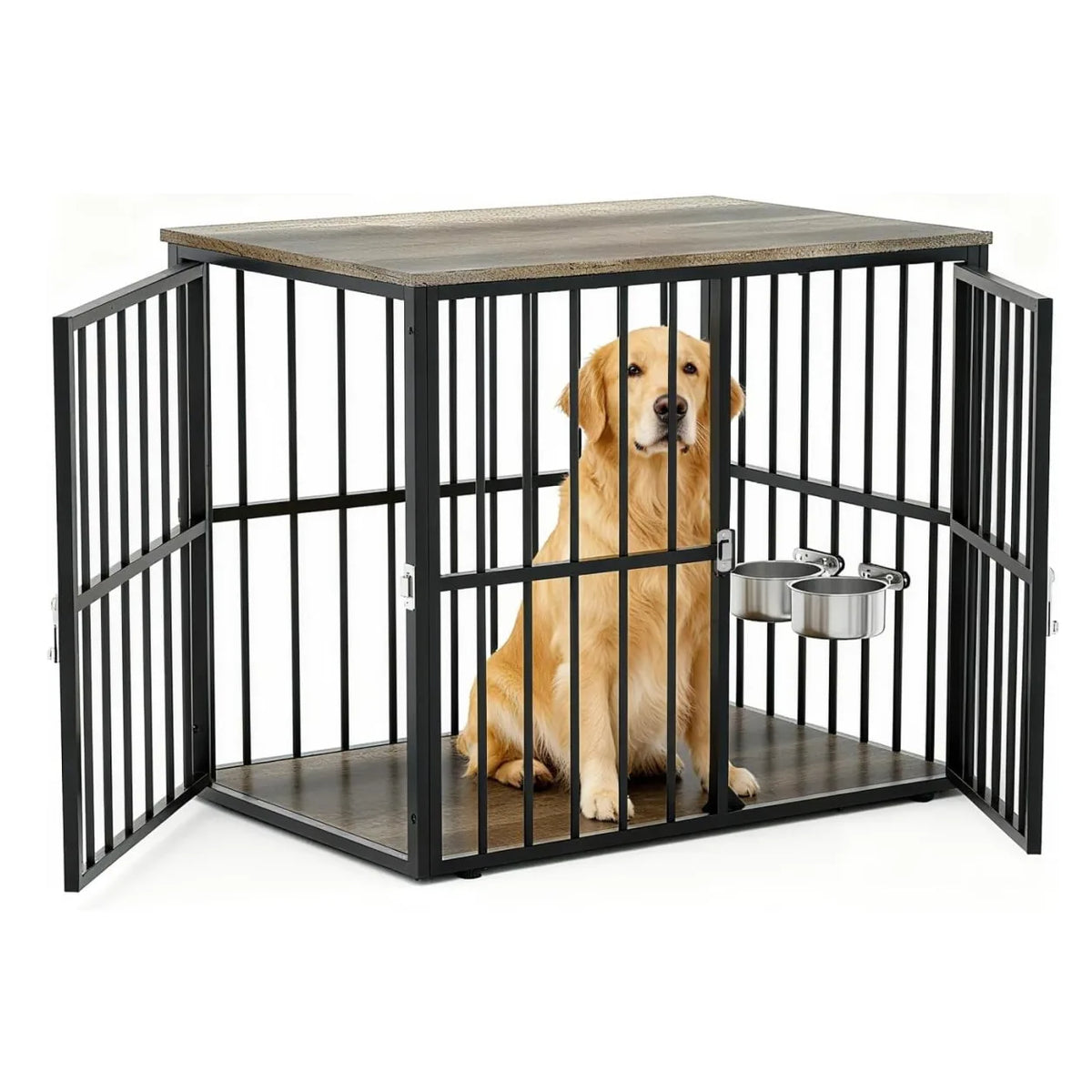 43 Inch Dog Crate Furniture Wooden Dog Kennel End Table Side Table Nightstand for Large Medium Dogs up to 90 Lbs Heavy Duty Indoor Pet Cage with Lockable Double Doors Removable Tray Divider Panel for Living Room Bedroom Entry