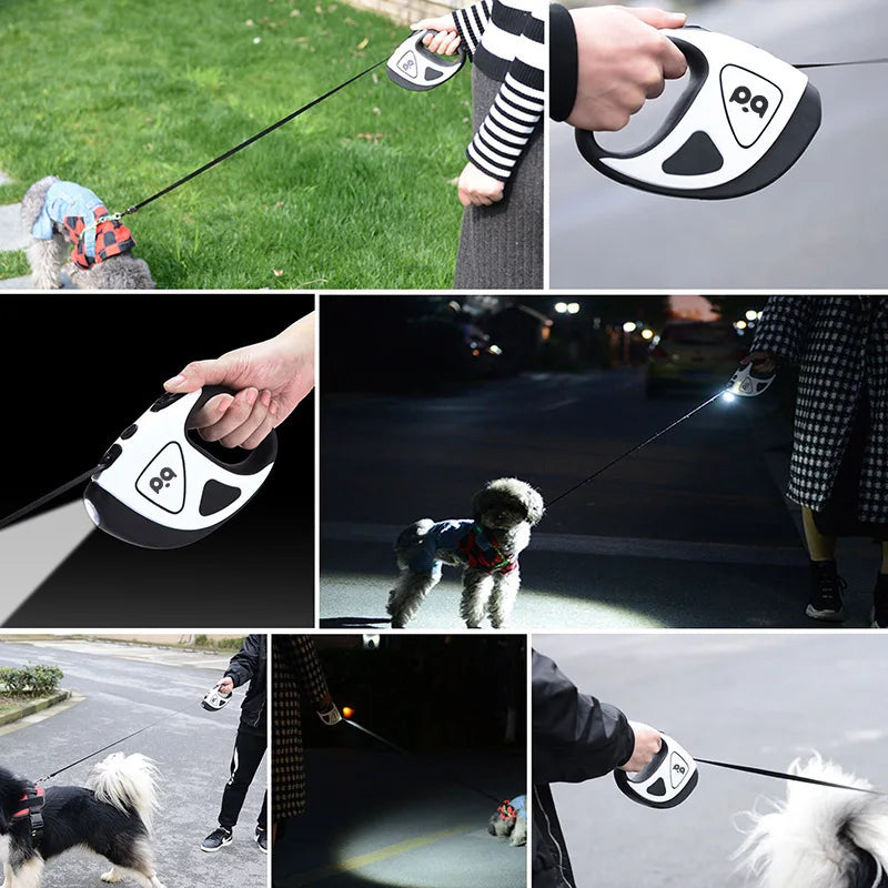 Retractable Dog Leash with LED Light, Rechargeable Night Walking Leash for Dogs, 360° Anti-Tangle with One-Hand Brake