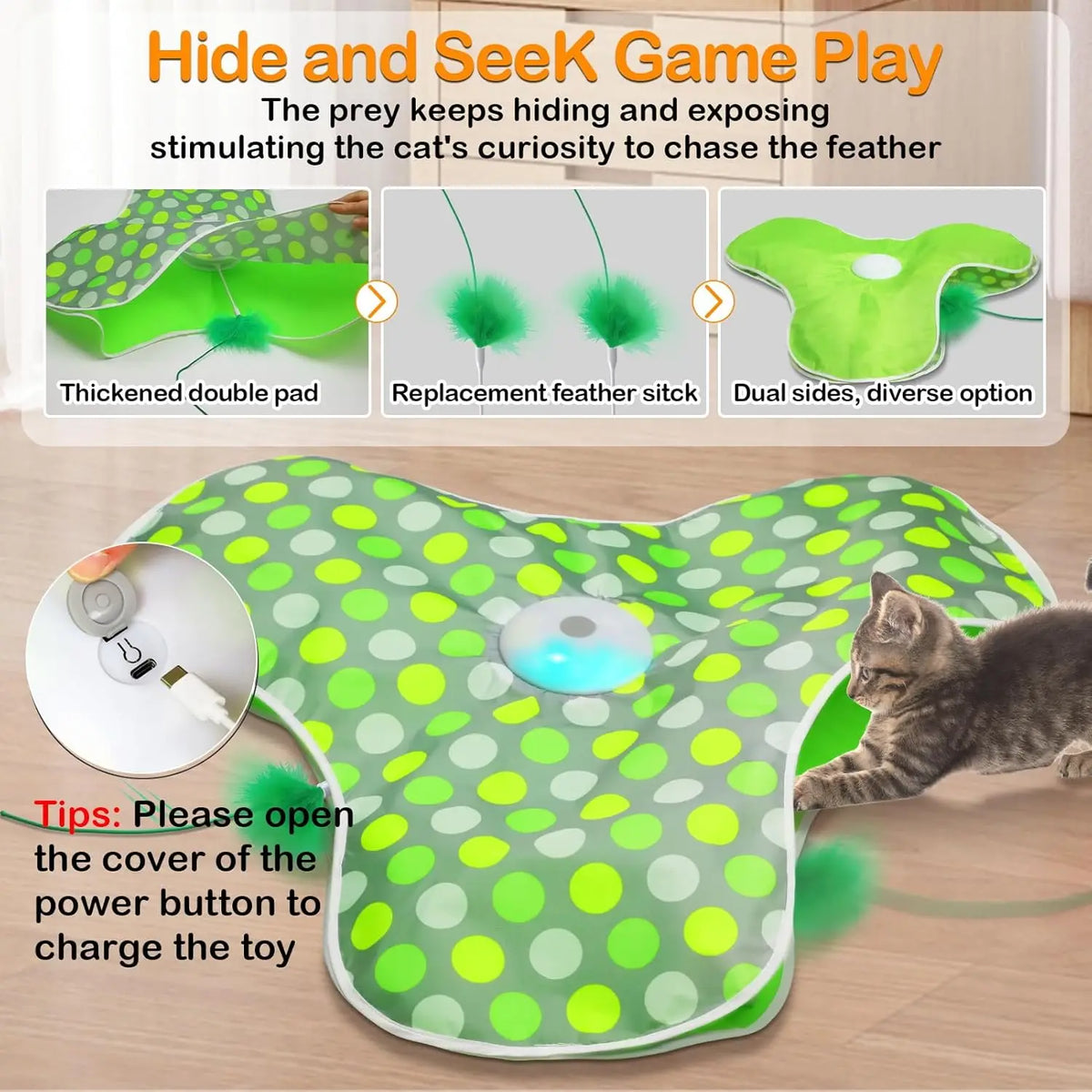 Interactive Cat Toys Rechargeable,Moving Concealed Feathers,Real Mouse Squeaky,Touch Activated Cat Kitten Toy Exercise Toys