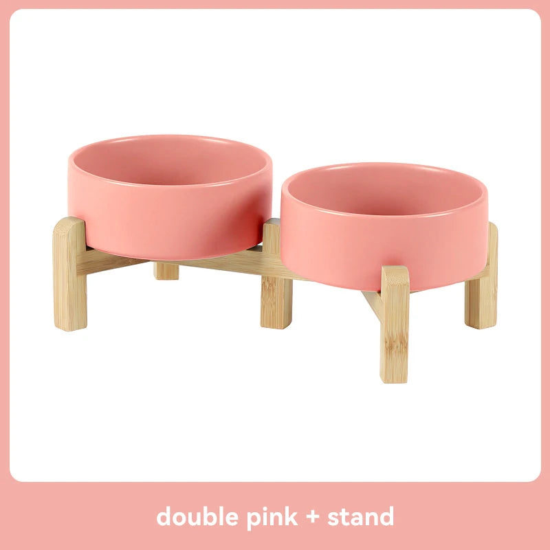 Medium Big Dogs Bowl Pet Ceramic Food Water Double Bowls with Wooden Stand Cat Elevated Drinking Eating Bowl 1200ml 1800ml