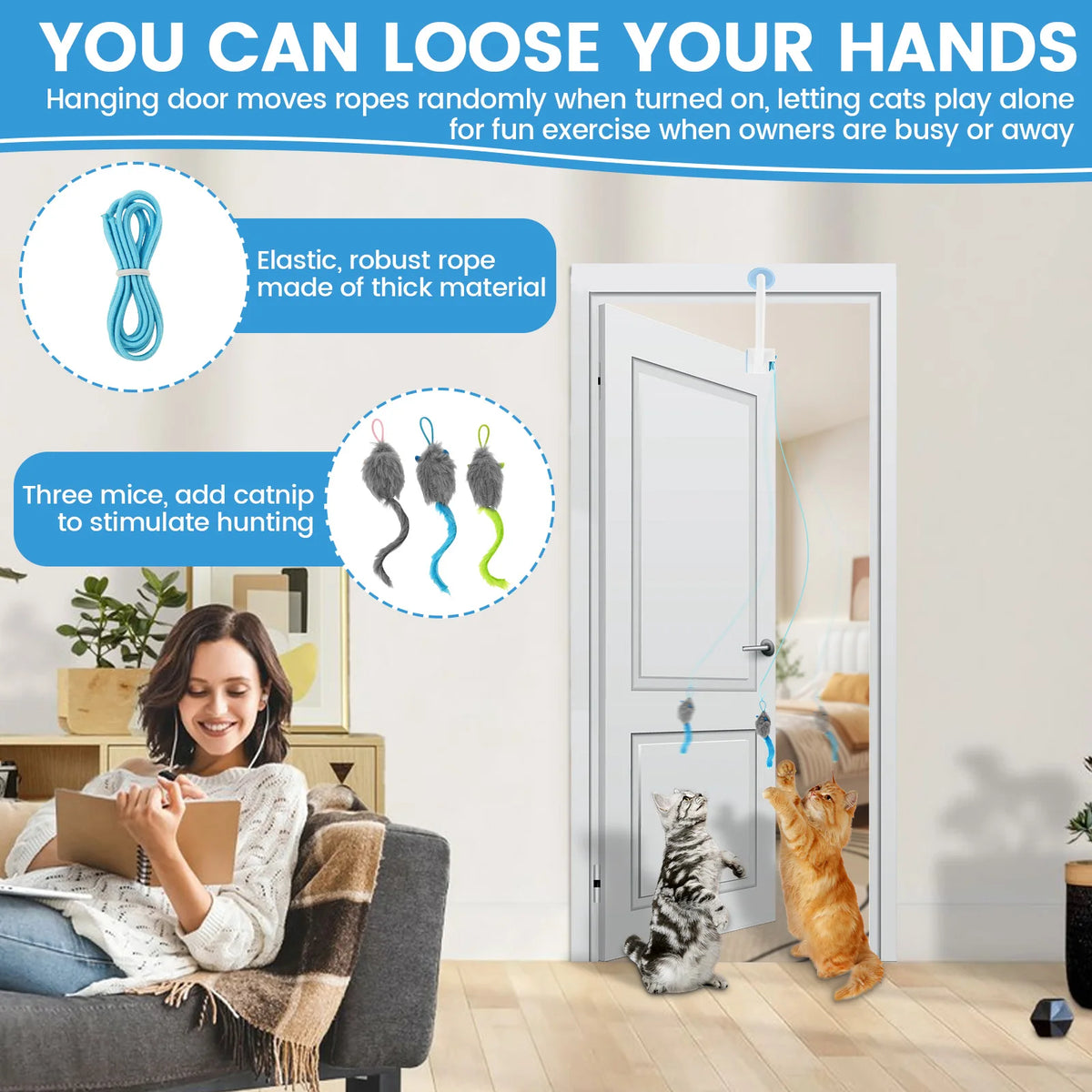 Door Hanging Auto-Rebound Cat Toy Plastic Interactive Self Play Hanging Door Kitten Toy with 3 Catnip Mice 3 Mode Pet Supplies