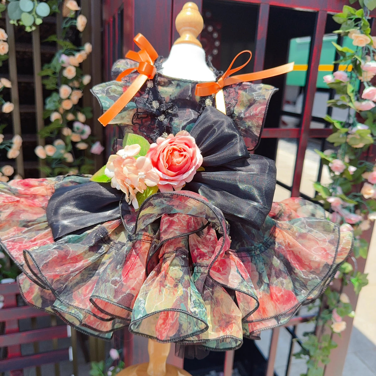 Luxury Black Orange Pet Dog Clothes Fine Handmade Roseflower Bow Party Princess Dress for Small Medium Dogs Puppy Overalls Coat