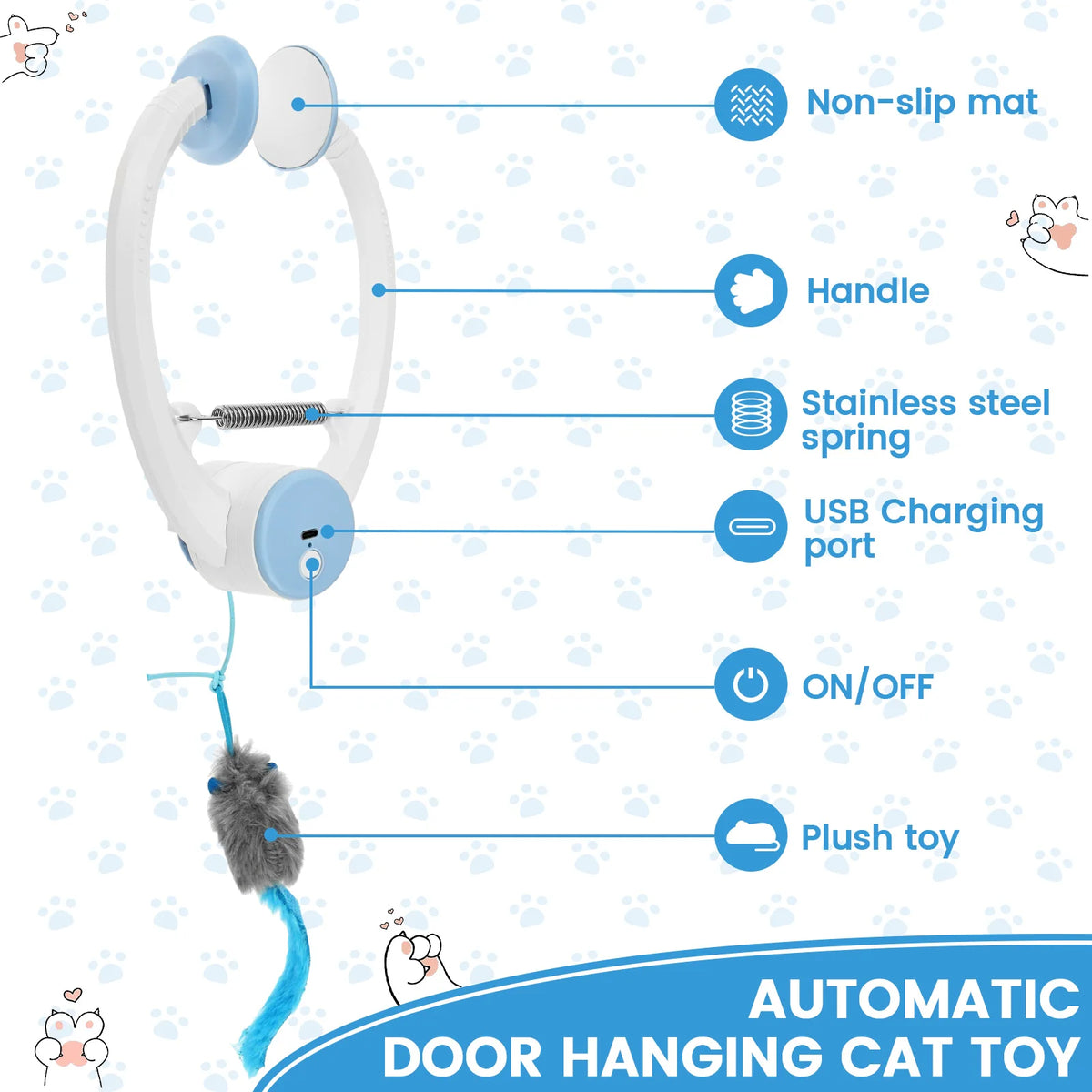 Door Hanging Auto-Rebound Cat Toy Plastic Interactive Self Play Hanging Door Kitten Toy with 3 Catnip Mice 3 Mode Pet Supplies