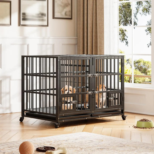 42 Inch Heavy Duty Dog Crate Metal Dog Cage with Double Door Lockable Wheels Removable Divider Trays Feeding Doors for Small Medium Large Dogs Indoor