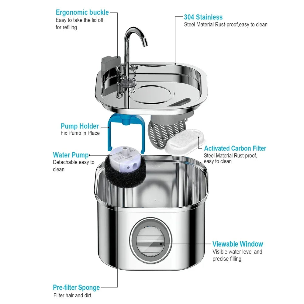 304 Stainless Steel Automatic Pet Drinking Fountain 108oz/3.2L Visual Window Cat Dog Water Feeder Live Water Filter With Faucet