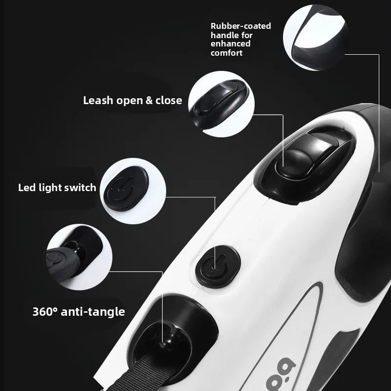 Retractable Dog Leash with LED Light, Rechargeable Night Walking Leash for Dogs, 360° Anti-Tangle with One-Hand Brake