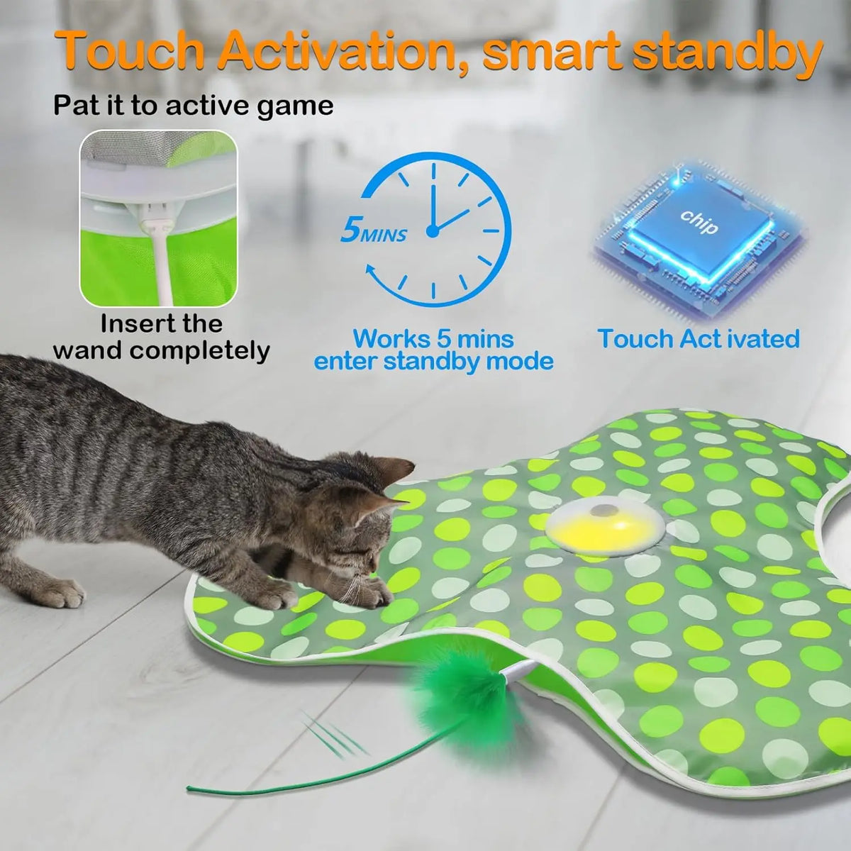 Interactive Cat Toys Rechargeable,Moving Concealed Feathers,Real Mouse Squeaky,Touch Activated Cat Kitten Toy Exercise Toys