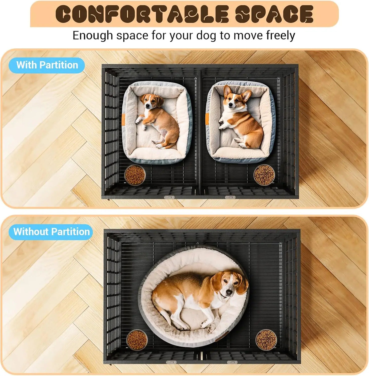 42 Inch Heavy Duty Dog Crate Metal Dog Cage with Double Door Lockable Wheels Removable Divider Trays Feeding Doors for Small Medium Large Dogs Indoor