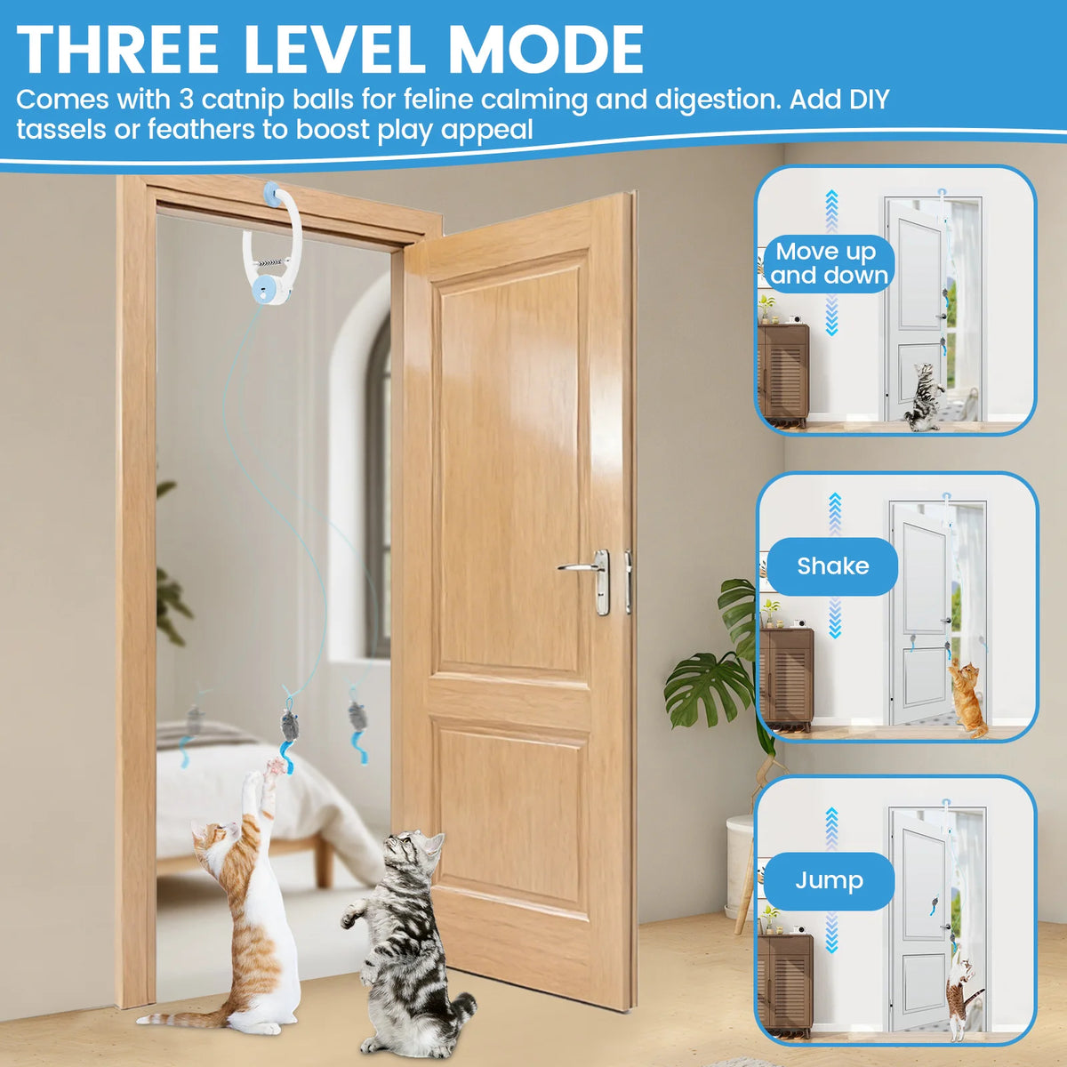 Door Hanging Auto-Rebound Cat Toy Plastic Interactive Self Play Hanging Door Kitten Toy with 3 Catnip Mice 3 Mode Pet Supplies