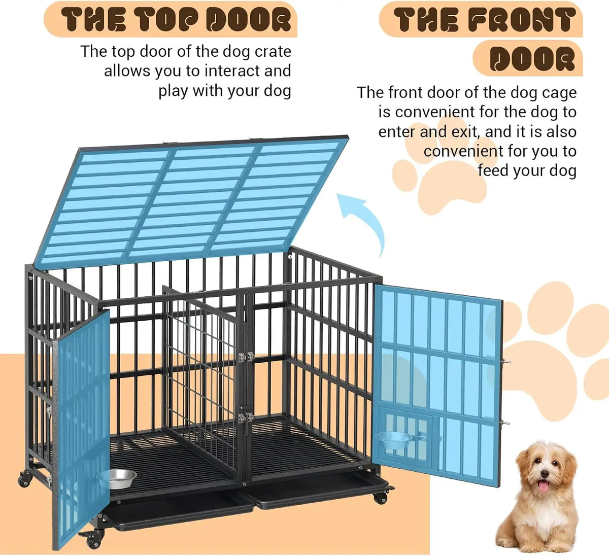 42 Inch Heavy Duty Dog Crate Metal Dog Cage with Double Door Lockable Wheels Removable Divider Trays Feeding Doors for Small Medium Large Dogs Indoor