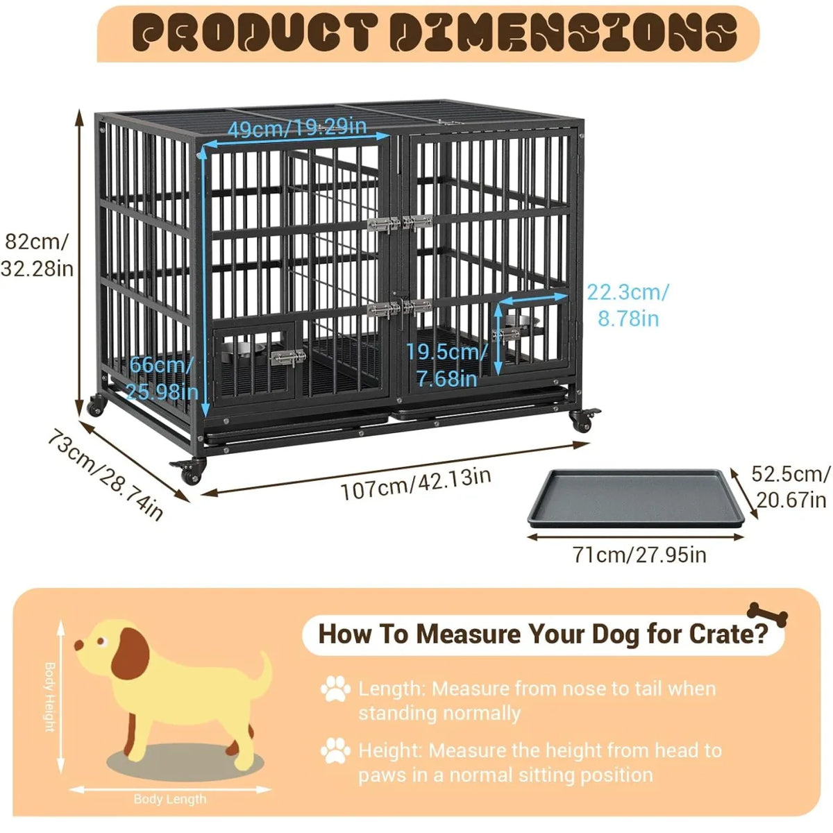 42 Inch Heavy Duty Dog Crate Metal Dog Cage with Double Door Lockable Wheels Removable Divider Trays Feeding Doors for Small Medium Large Dogs Indoor