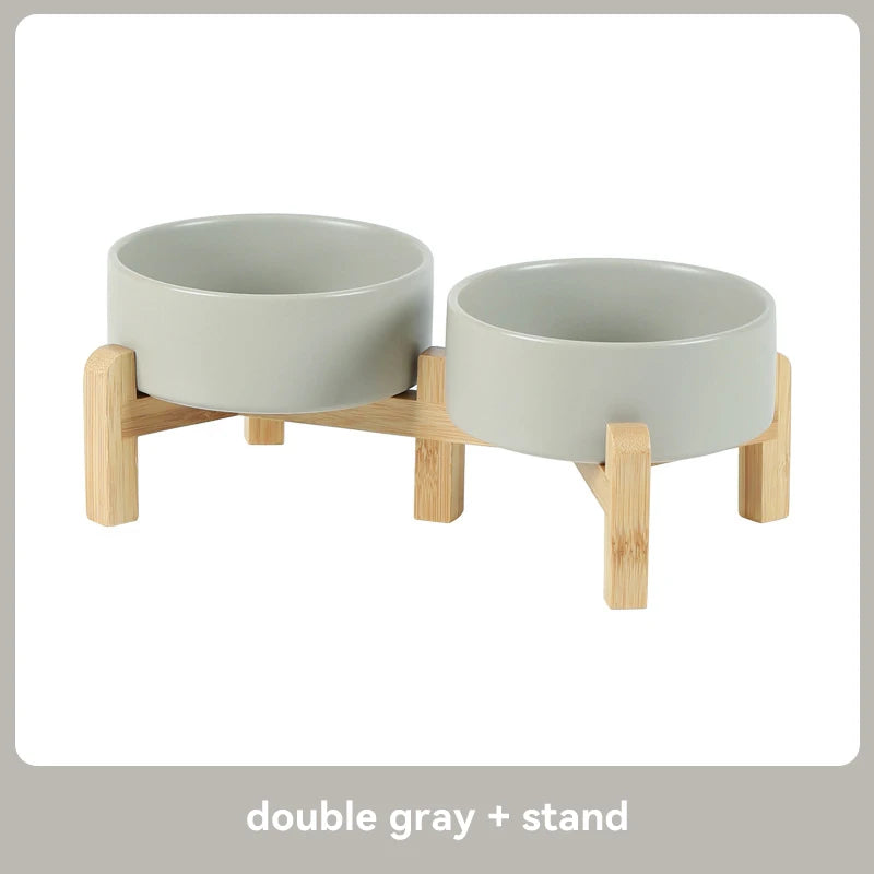 Medium Big Dogs Bowl Pet Ceramic Food Water Double Bowls with Wooden Stand Cat Elevated Drinking Eating Bowl 1200ml 1800ml