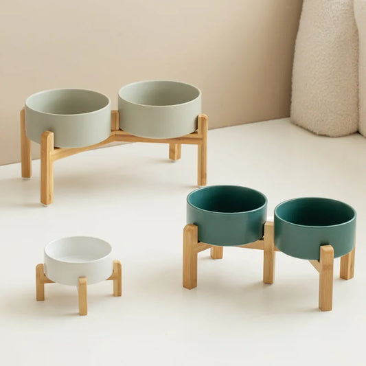 Medium Big Dogs Bowl Pet Ceramic Food Water Double Bowls with Wooden Stand Cat Elevated Drinking Eating Bowl 1200ml 1800ml