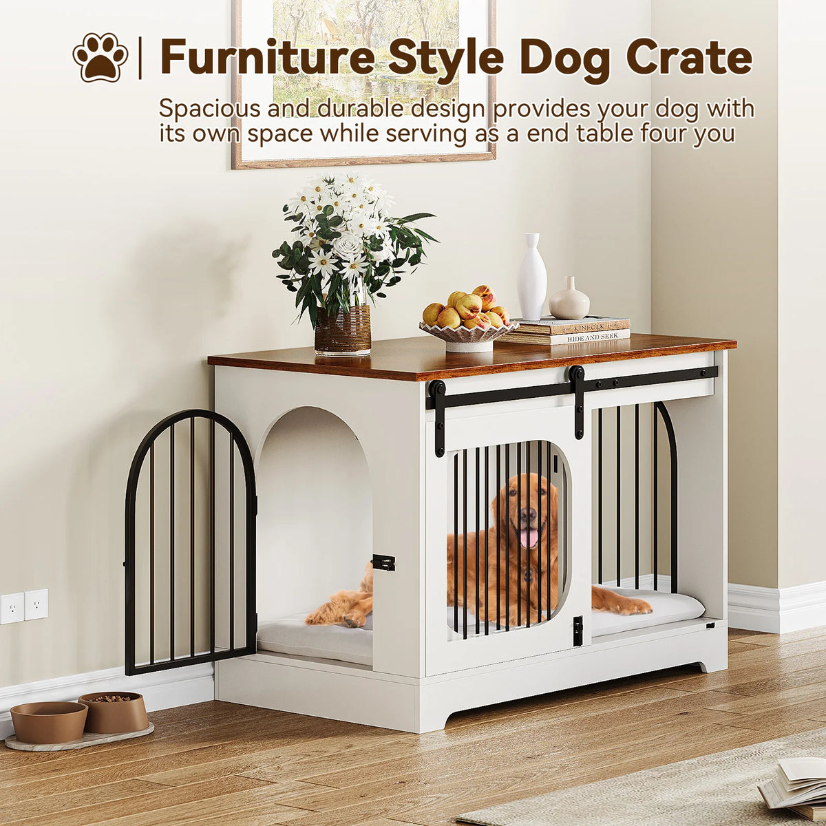 Furniture Style Dog Crate Table, 70 LB Heavy-Duty Dog Cage with Sliding Barn Door, Side Door, Ultra-Soft Plush Mat, 3-in-1 Dog Crate Table for Small Medium Large Dogs and Home Use