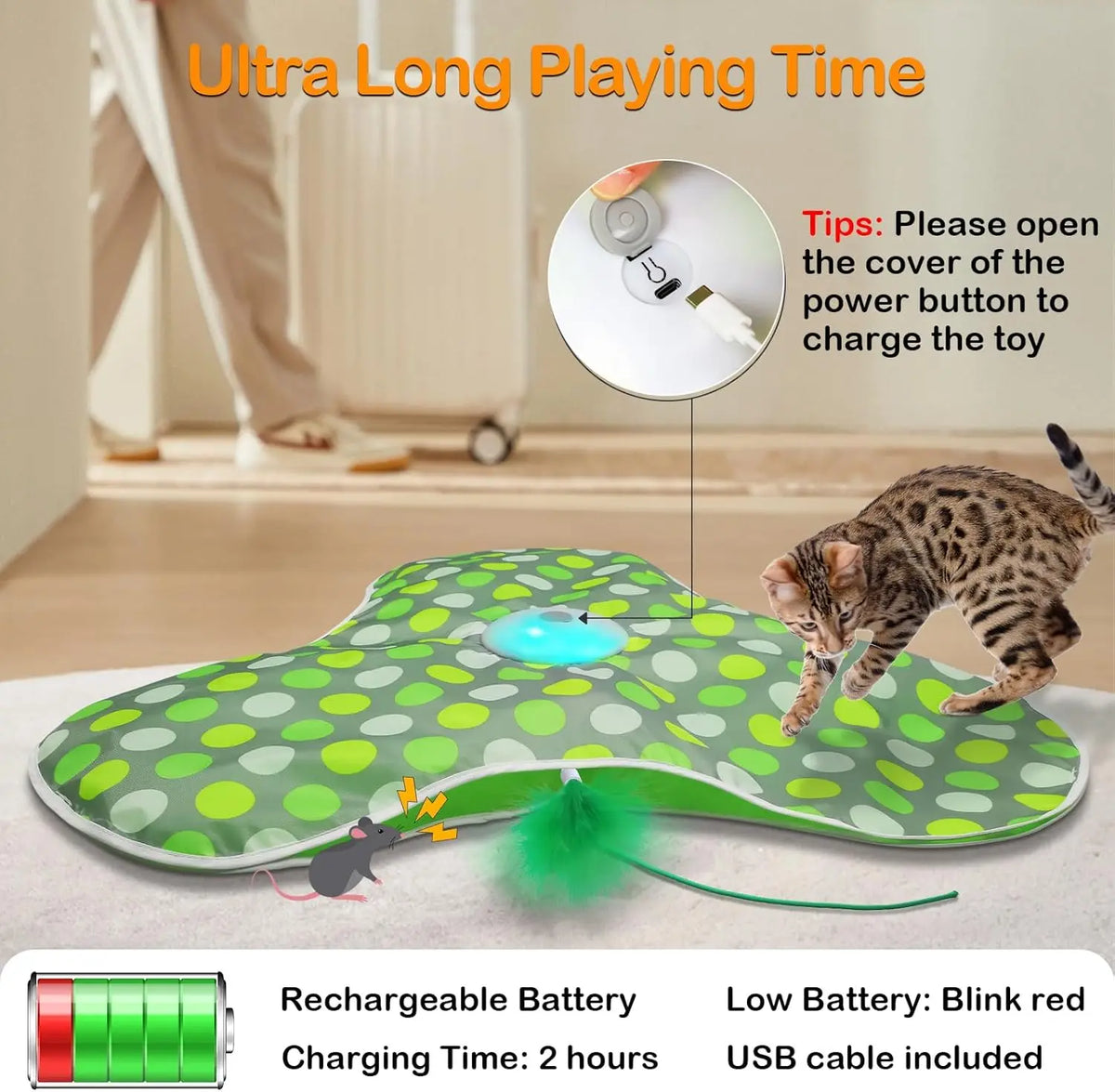 Interactive Cat Toys Rechargeable,Moving Concealed Feathers,Real Mouse Squeaky,Touch Activated Cat Kitten Toy Exercise Toys