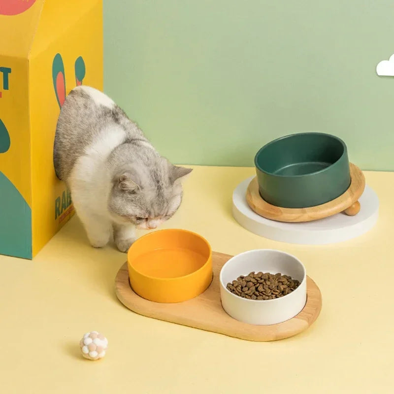 400/850ml Cat Large Capacity Bowl Small Dogs Food Water Bowls with Wood Stand Pet Elevated Feeding Feeder Puppy Kitten Supplies