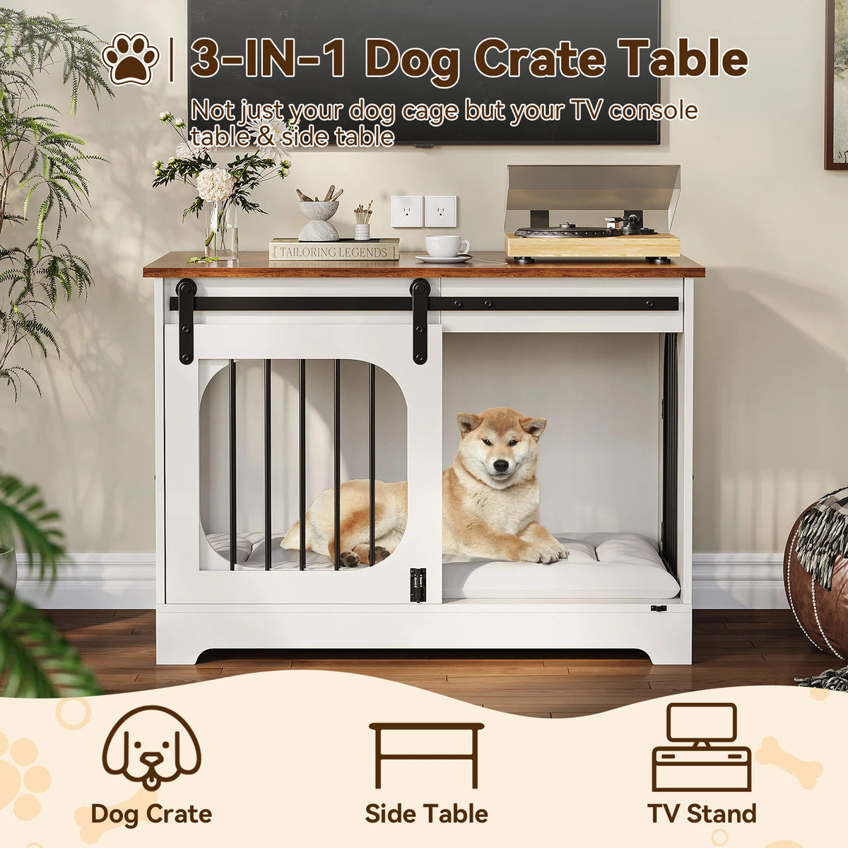 Furniture Style Dog Crate Table, 70 LB Heavy-Duty Dog Cage with Sliding Barn Door, Side Door, Ultra-Soft Plush Mat, 3-in-1 Dog Crate Table for Small Medium Large Dogs and Home Use
