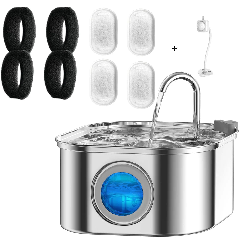 304 Stainless Steel Automatic Pet Drinking Fountain 108oz/3.2L Visual Window Cat Dog Water Feeder Live Water Filter With Faucet