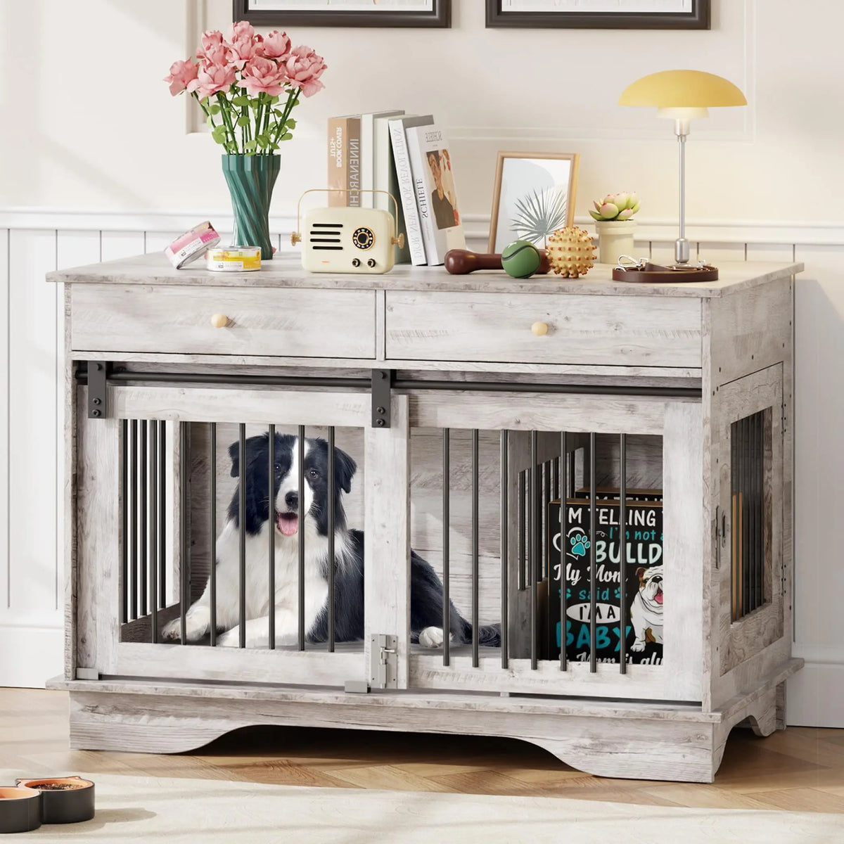 Dog Furniture Crate, 47" Large Dog Crate Furniture w/ 2 Storage Draws & Removable Divider for Large/Medium/Small Dogs (Grey, One Cage)