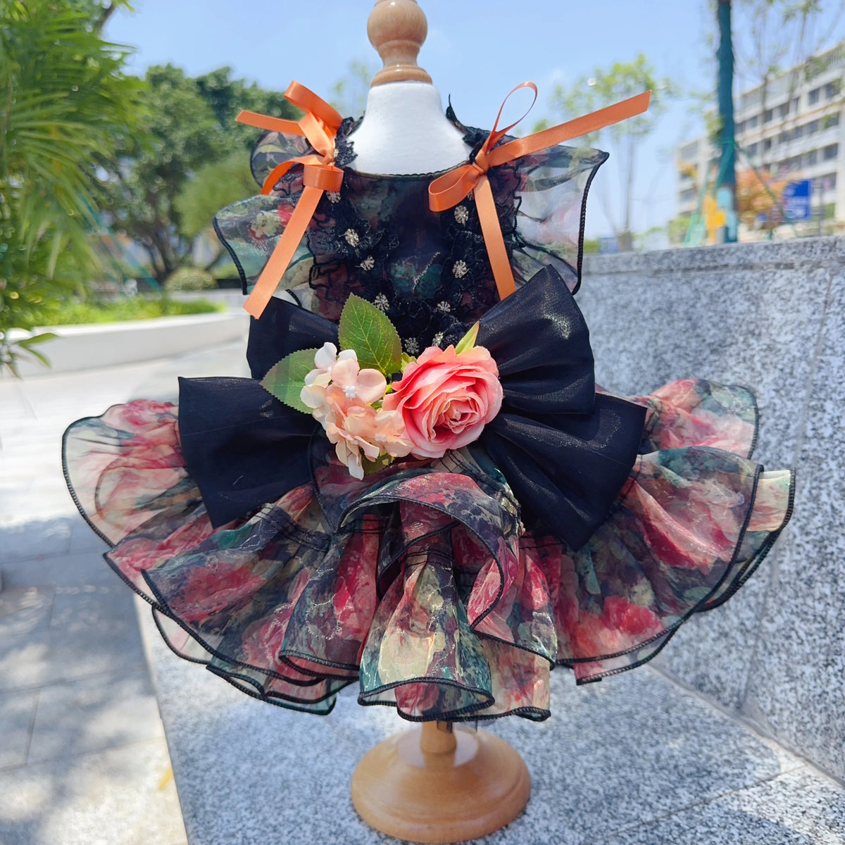 Luxury Black Orange Pet Dog Clothes Fine Handmade Roseflower Bow Party Princess Dress for Small Medium Dogs Puppy Overalls Coat
