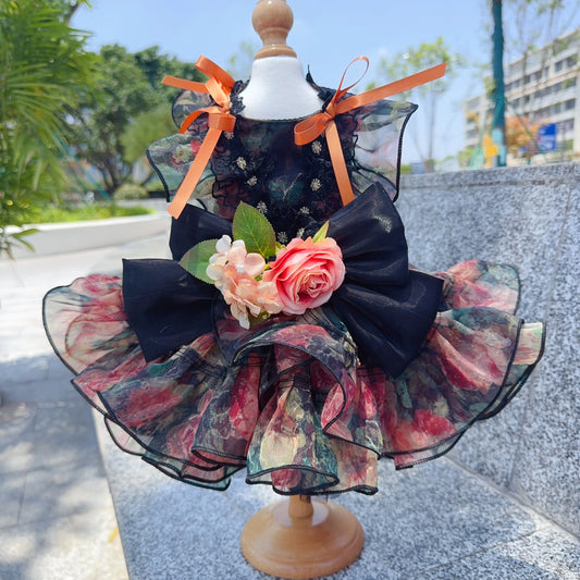 Luxury Black Orange Pet Dog Clothes Fine Handmade Roseflower Bow Party Princess Dress for Small Medium Dogs Puppy Overalls Coat