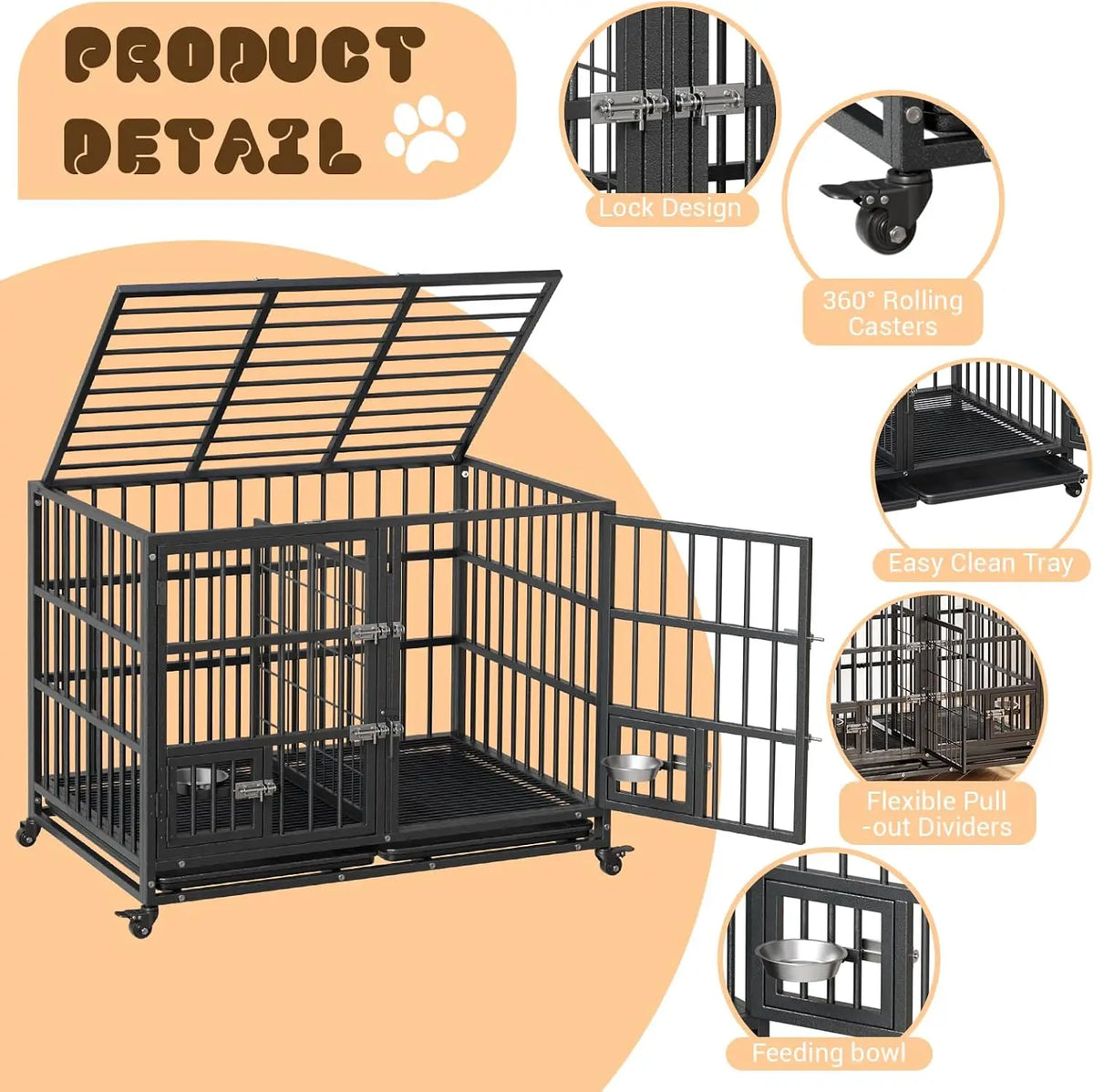 42 Inch Heavy Duty Dog Crate Metal Dog Cage with Double Door Lockable Wheels Removable Divider Trays Feeding Doors for Small Medium Large Dogs Indoor