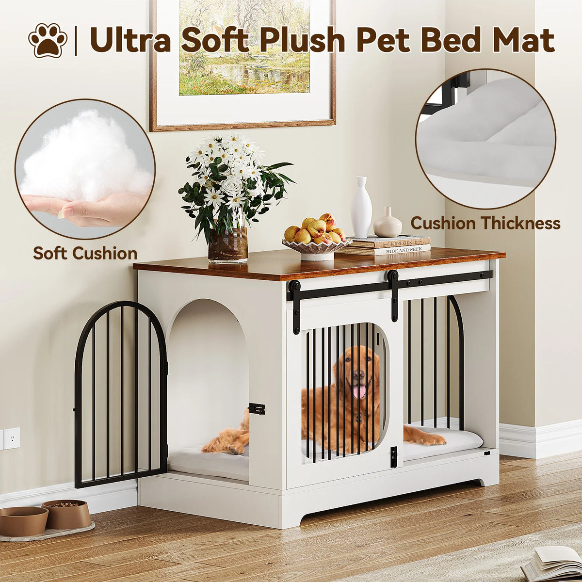 Furniture Style Dog Crate Table, 70 LB Heavy-Duty Dog Cage with Sliding Barn Door, Side Door, Ultra-Soft Plush Mat, 3-in-1 Dog Crate Table for Small Medium Large Dogs and Home Use