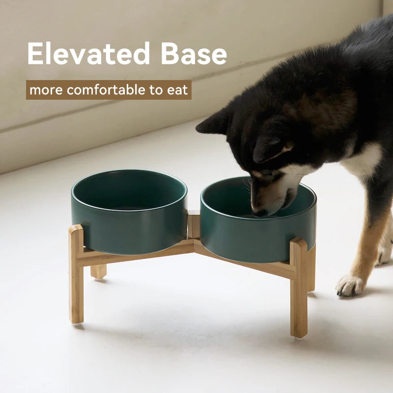 Medium Big Dogs Bowl Pet Ceramic Food Water Double Bowls with Wooden Stand Cat Elevated Drinking Eating Bowl 1200ml 1800ml
