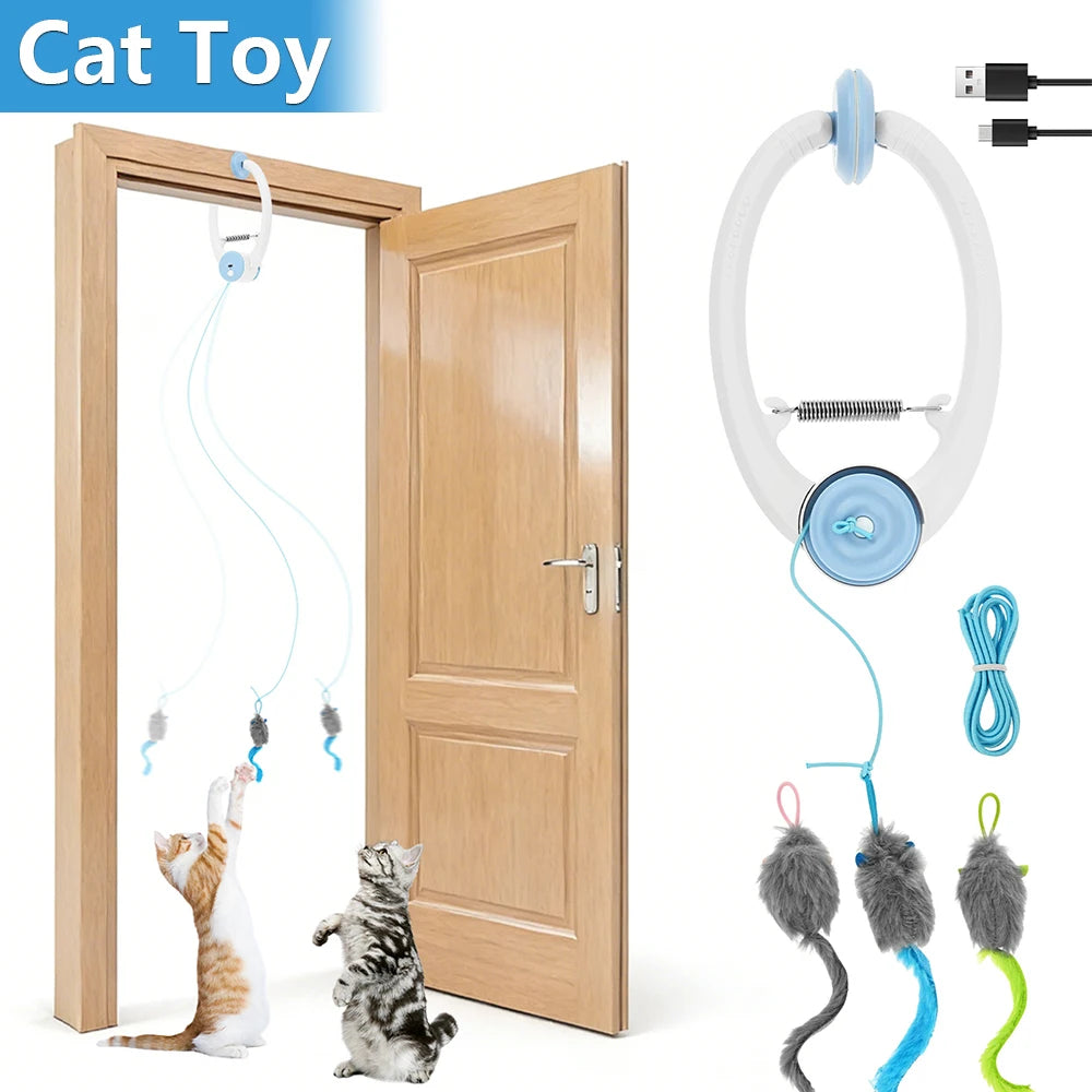 Door Hanging Auto-Rebound Cat Toy Plastic Interactive Self Play Hanging Door Kitten Toy with 3 Catnip Mice 3 Mode Pet Supplies