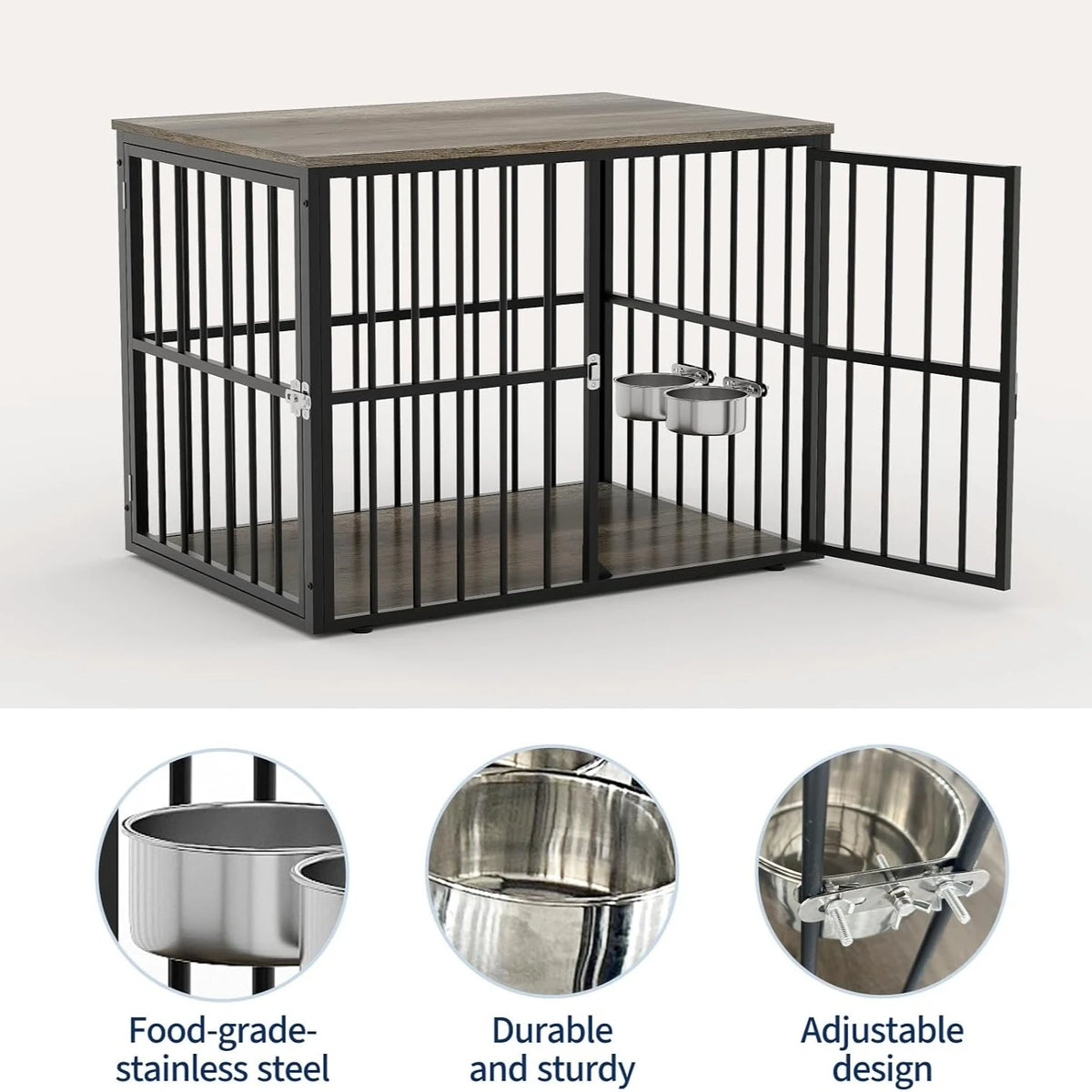 43 Inch Dog Crate Furniture Wooden Dog Kennel End Table Side Table Nightstand for Large Medium Dogs up to 90 Lbs Heavy Duty Indoor Pet Cage with Lockable Double Doors Removable Tray Divider Panel for Living Room Bedroom Entry
