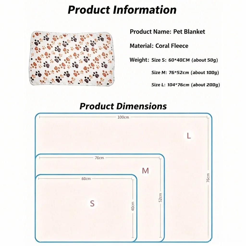 Coral Fleece Pet Blanket Warm Paw Print Dog Cat Bed Mat Soft Reversible Sleeping Pad Four Seasons Sofa Cover Small Medium Pets