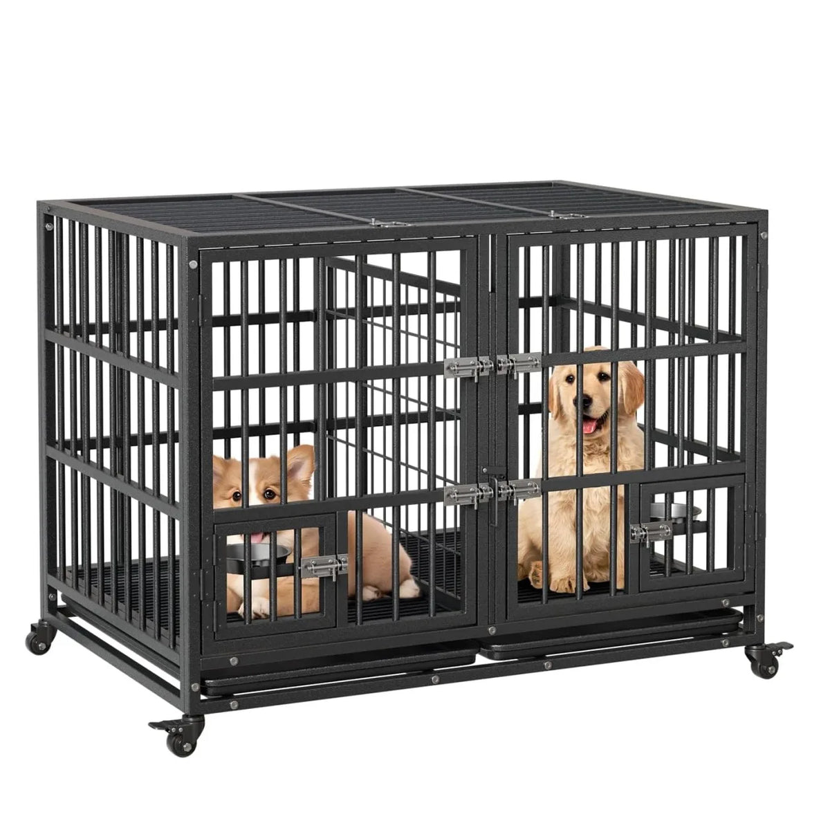42 Inch Heavy Duty Dog Crate Metal Dog Cage with Double Door Lockable Wheels Removable Divider Trays Feeding Doors for Small Medium Large Dogs Indoor