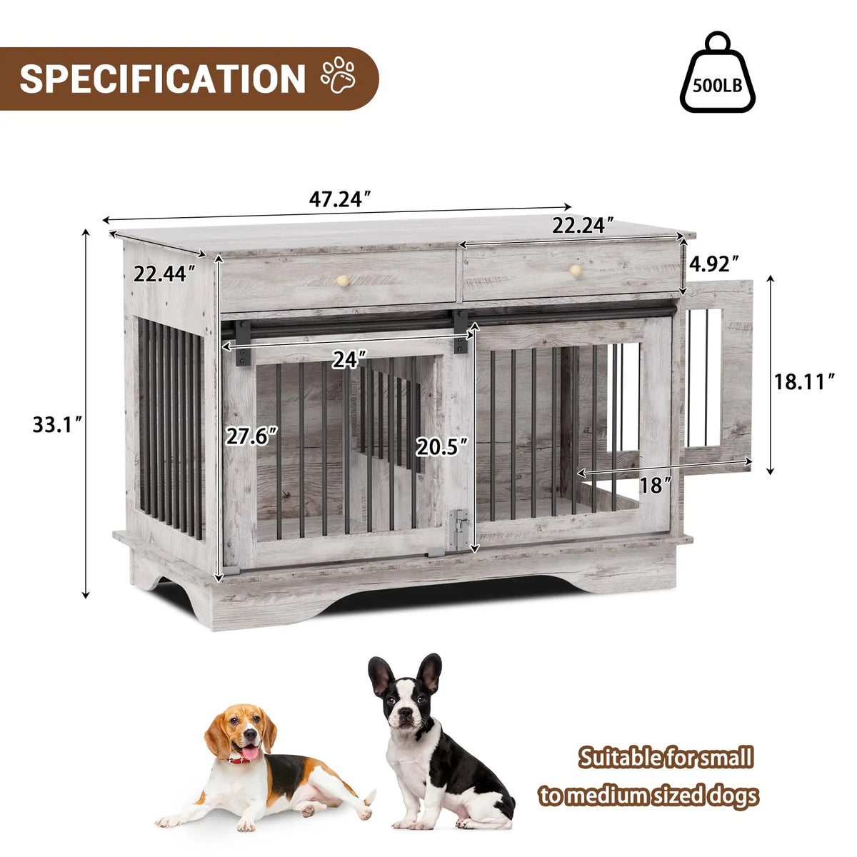 Dog Furniture Crate, 47" Large Dog Crate Furniture w/ 2 Storage Draws & Removable Divider for Large/Medium/Small Dogs (Grey, One Cage)