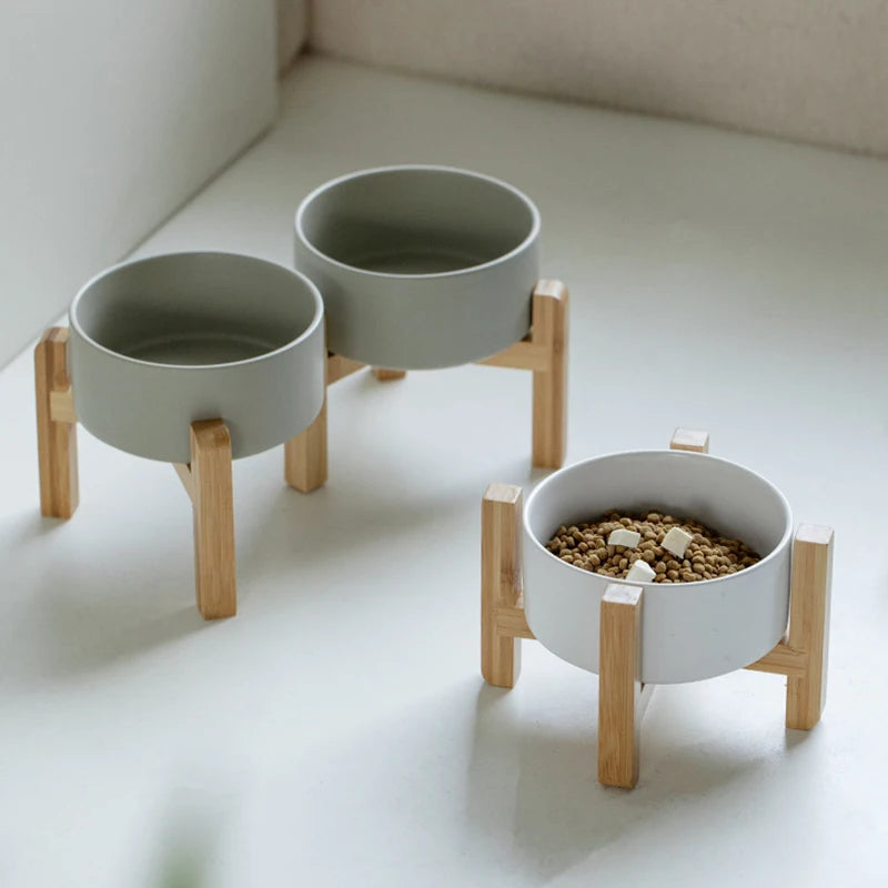 Medium Big Dogs Bowl Pet Ceramic Food Water Double Bowls with Wooden Stand Cat Elevated Drinking Eating Bowl 1200ml 1800ml