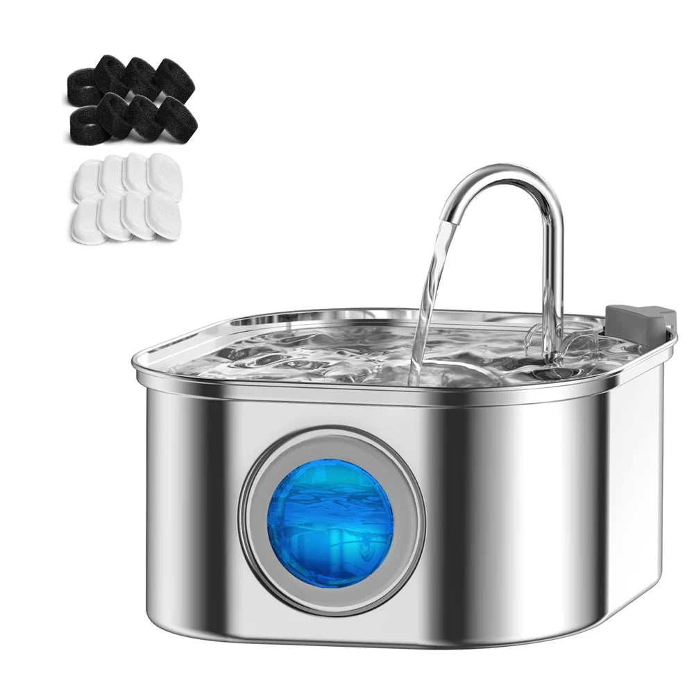 304 Stainless Steel Automatic Pet Drinking Fountain 108oz/3.2L Visual Window Cat Dog Water Feeder Live Water Filter With Faucet