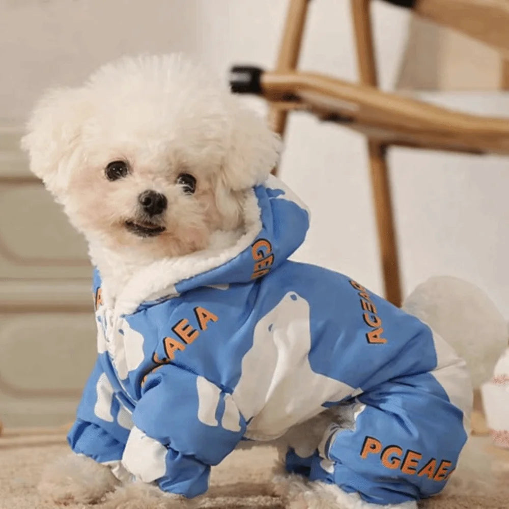 Warm Dog Winter Clothes Anti-Shedding Splash-proof Pet Outdoor Clothing Fleece Lined Cartoon Four-legged Clothing Outdoor