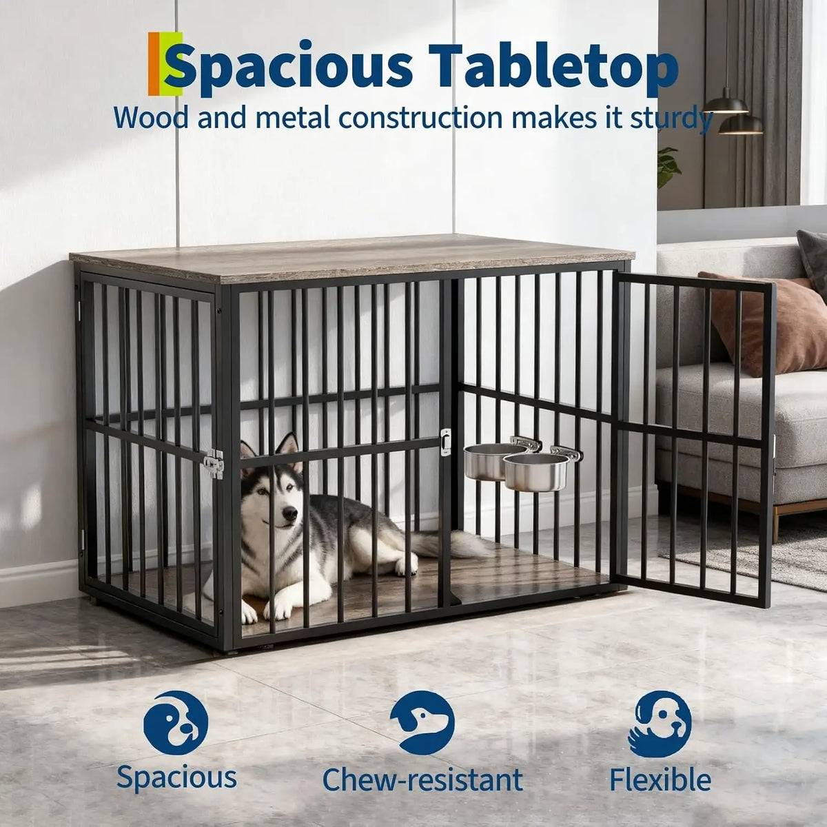43 Inch Dog Crate Furniture Wooden Dog Kennel End Table Side Table Nightstand for Large Medium Dogs up to 90 Lbs Heavy Duty Indoor Pet Cage with Lockable Double Doors Removable Tray Divider Panel for Living Room Bedroom Entry