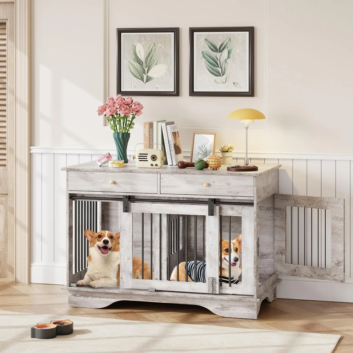 Dog Furniture Crate, 47" Large Dog Crate Furniture w/ 2 Storage Draws & Removable Divider for Large/Medium/Small Dogs (Grey, One Cage)