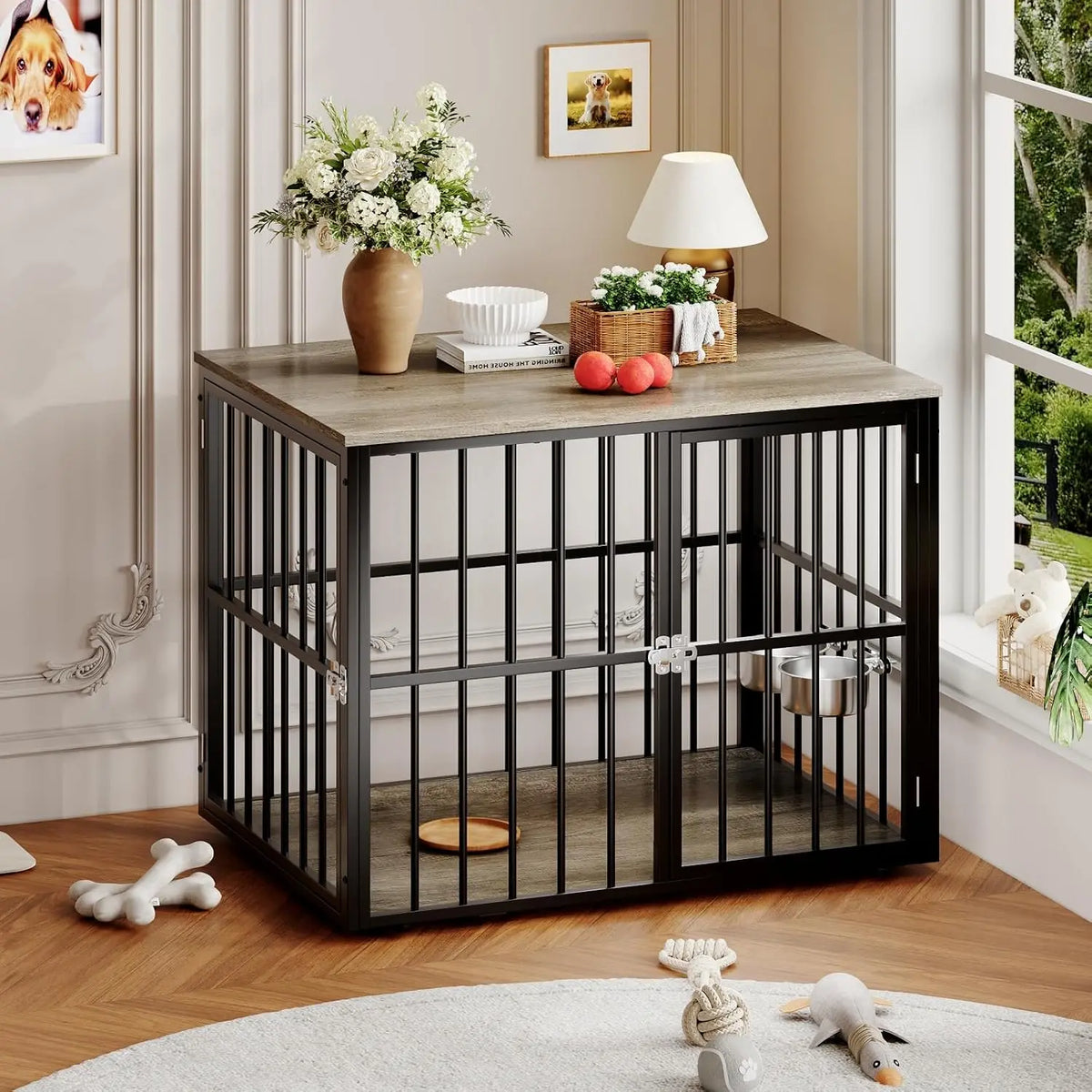 43 Inch Dog Crate Furniture Wooden Dog Kennel End Table Side Table Nightstand for Large Medium Dogs up to 90 Lbs Heavy Duty Indoor Pet Cage with Lockable Double Doors Removable Tray Divider Panel for Living Room Bedroom Entry