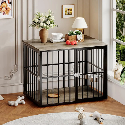 43 Inch Dog Crate Furniture Wooden Dog Kennel End Table Side Table Nightstand for Large Medium Dogs up to 90 Lbs Heavy Duty Indoor Pet Cage with Lockable Double Doors Removable Tray Divider Panel for Living Room Bedroom Entry