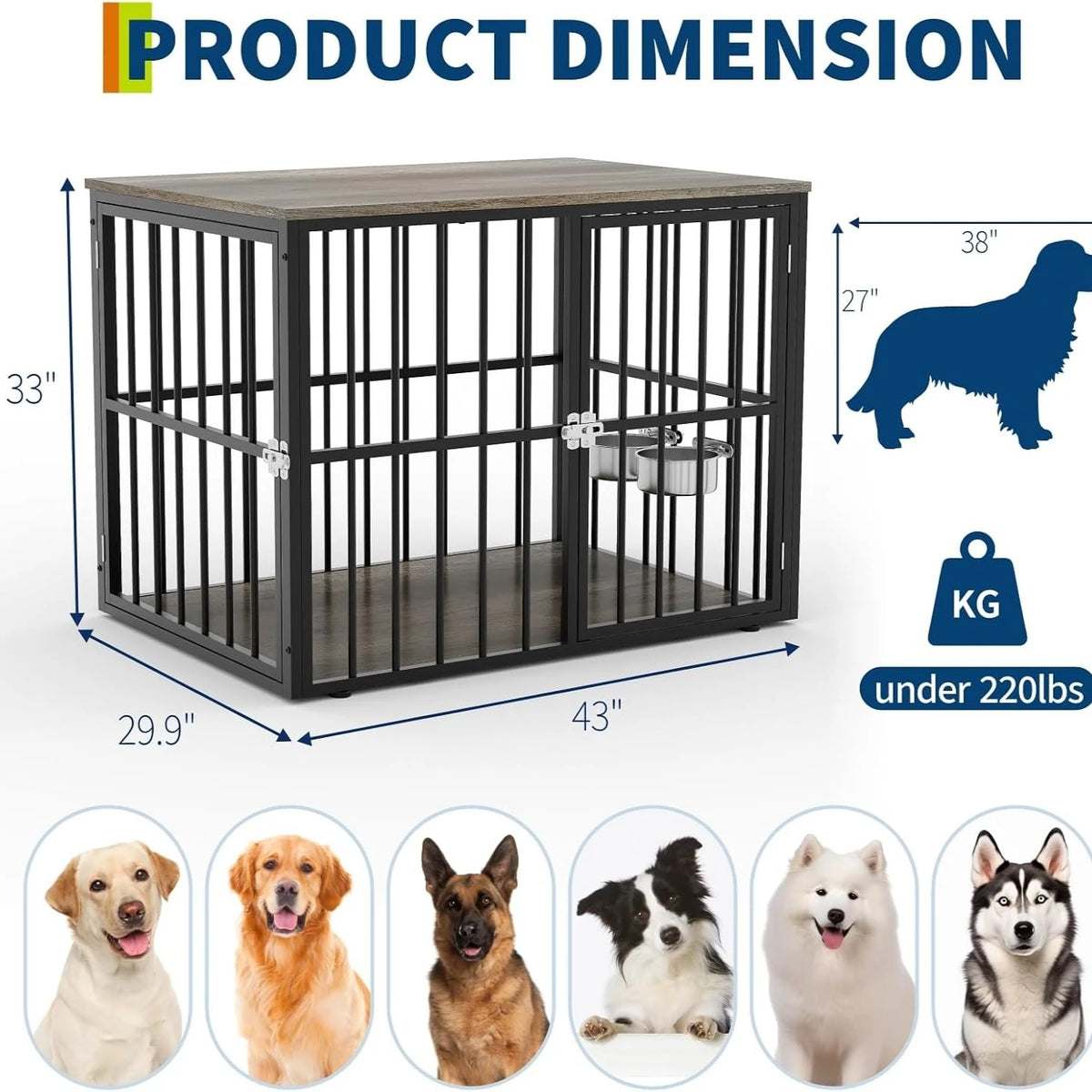 43 Inch Dog Crate Furniture Wooden Dog Kennel End Table Side Table Nightstand for Large Medium Dogs up to 90 Lbs Heavy Duty Indoor Pet Cage with Lockable Double Doors Removable Tray Divider Panel for Living Room Bedroom Entry