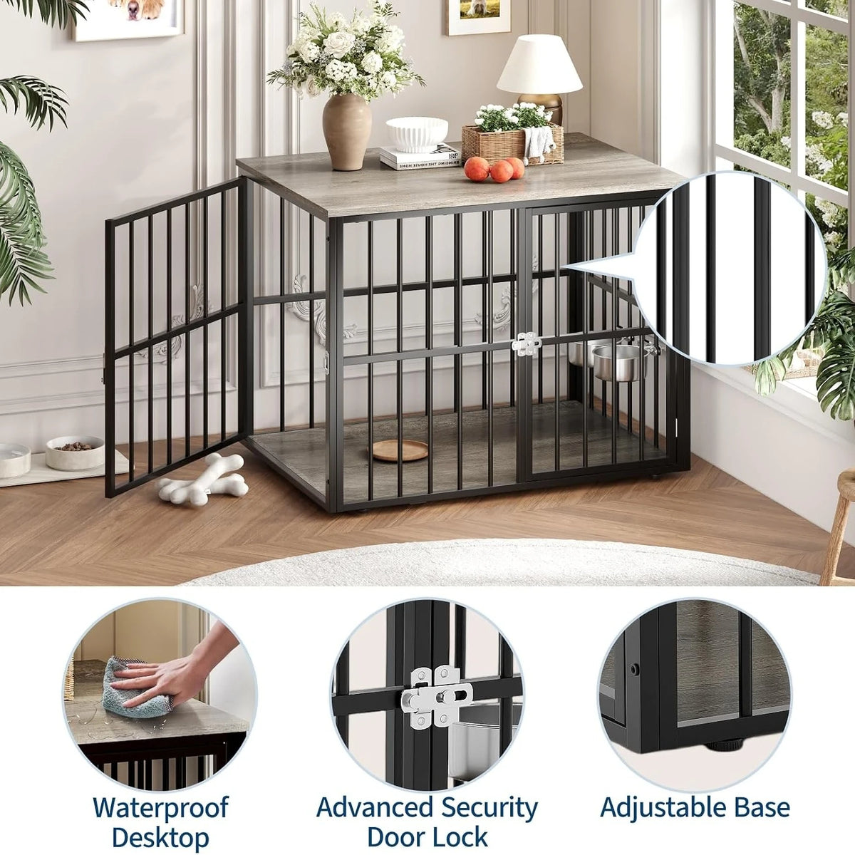 43 Inch Dog Crate Furniture Wooden Dog Kennel End Table Side Table Nightstand for Large Medium Dogs up to 90 Lbs Heavy Duty Indoor Pet Cage with Lockable Double Doors Removable Tray Divider Panel for Living Room Bedroom Entry