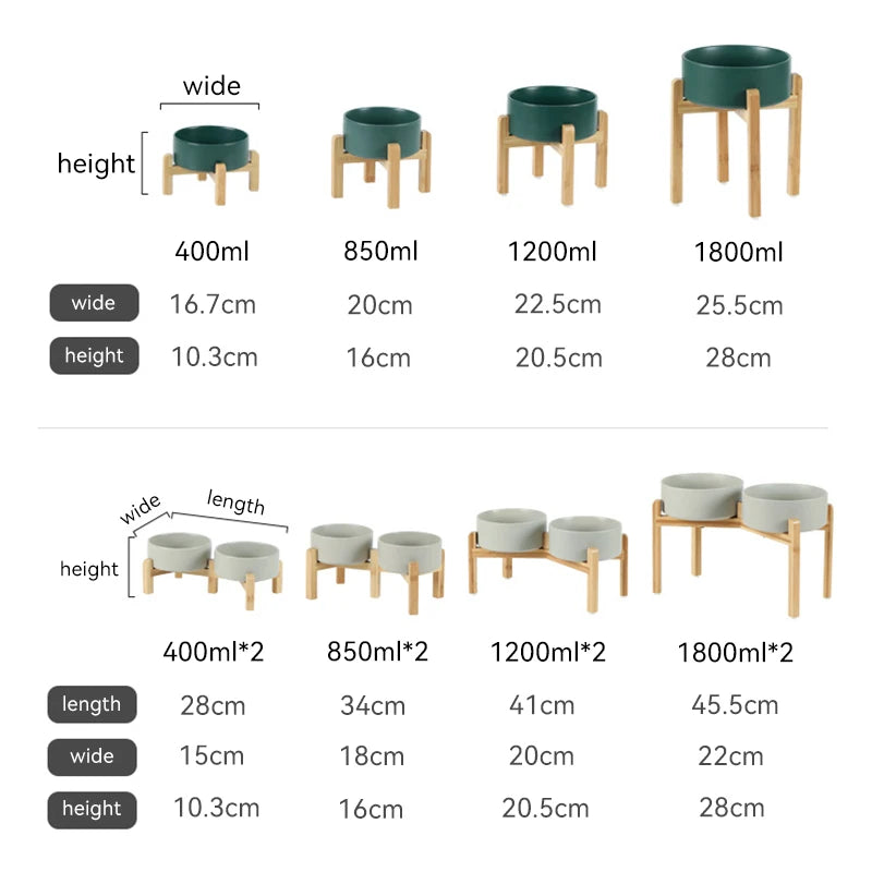 Medium Big Dogs Bowl Pet Ceramic Food Water Double Bowls with Wooden Stand Cat Elevated Drinking Eating Bowl 1200ml 1800ml
