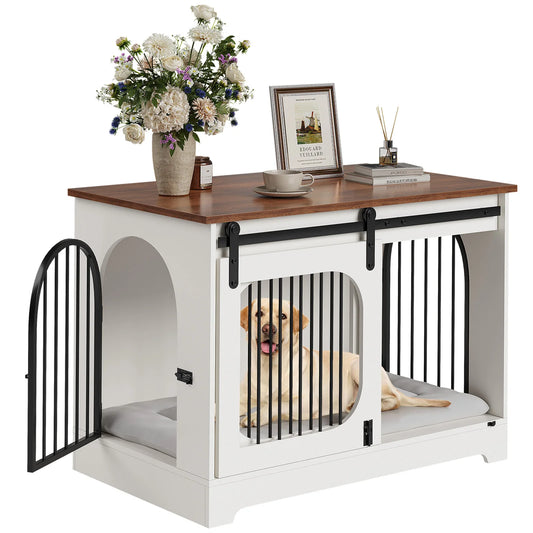 Furniture Style Dog Crate Table, 70 LB Heavy-Duty Dog Cage with Sliding Barn Door, Side Door, Ultra-Soft Plush Mat, 3-in-1 Dog Crate Table for Small Medium Large Dogs and Home Use